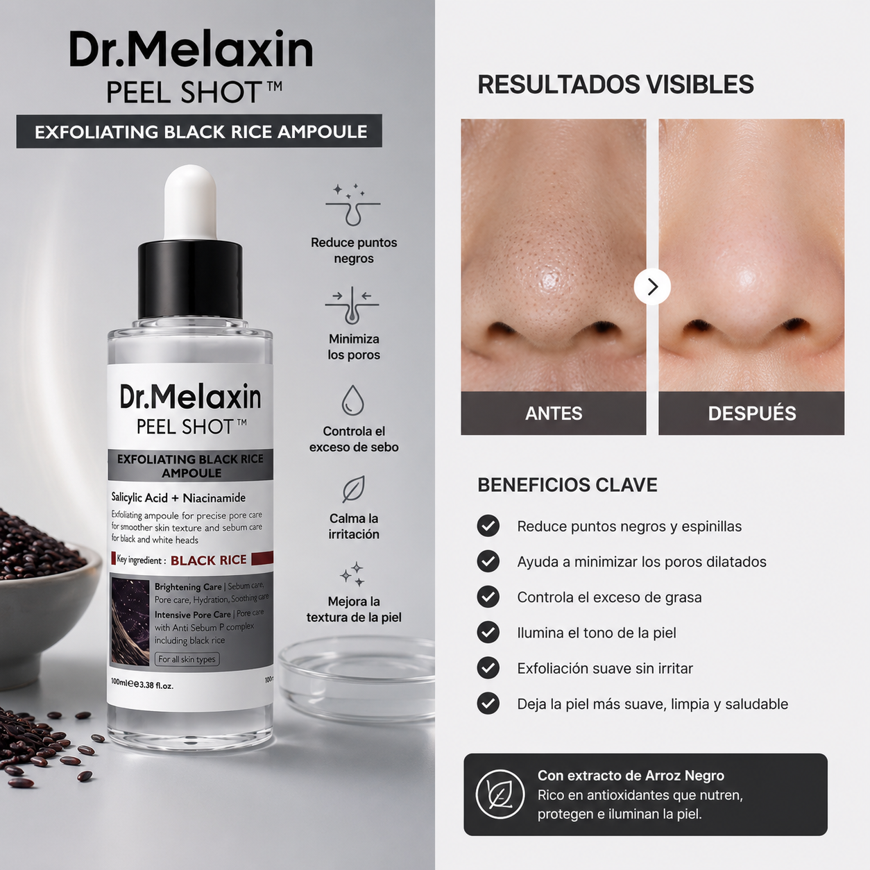 Dúo Peel Shot Dr. Melaxin – Arroz Negro + Arroz Blanco